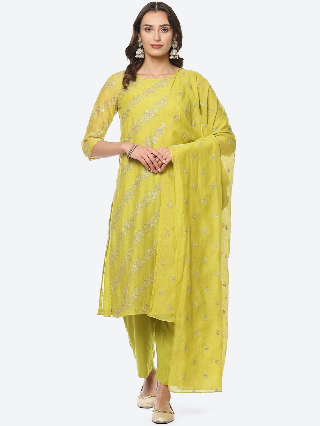 

Biba Women Ethnic Motifs Embroidered Chanderi Silk Kurta with Trousers & Dupatta, Fluorescent green