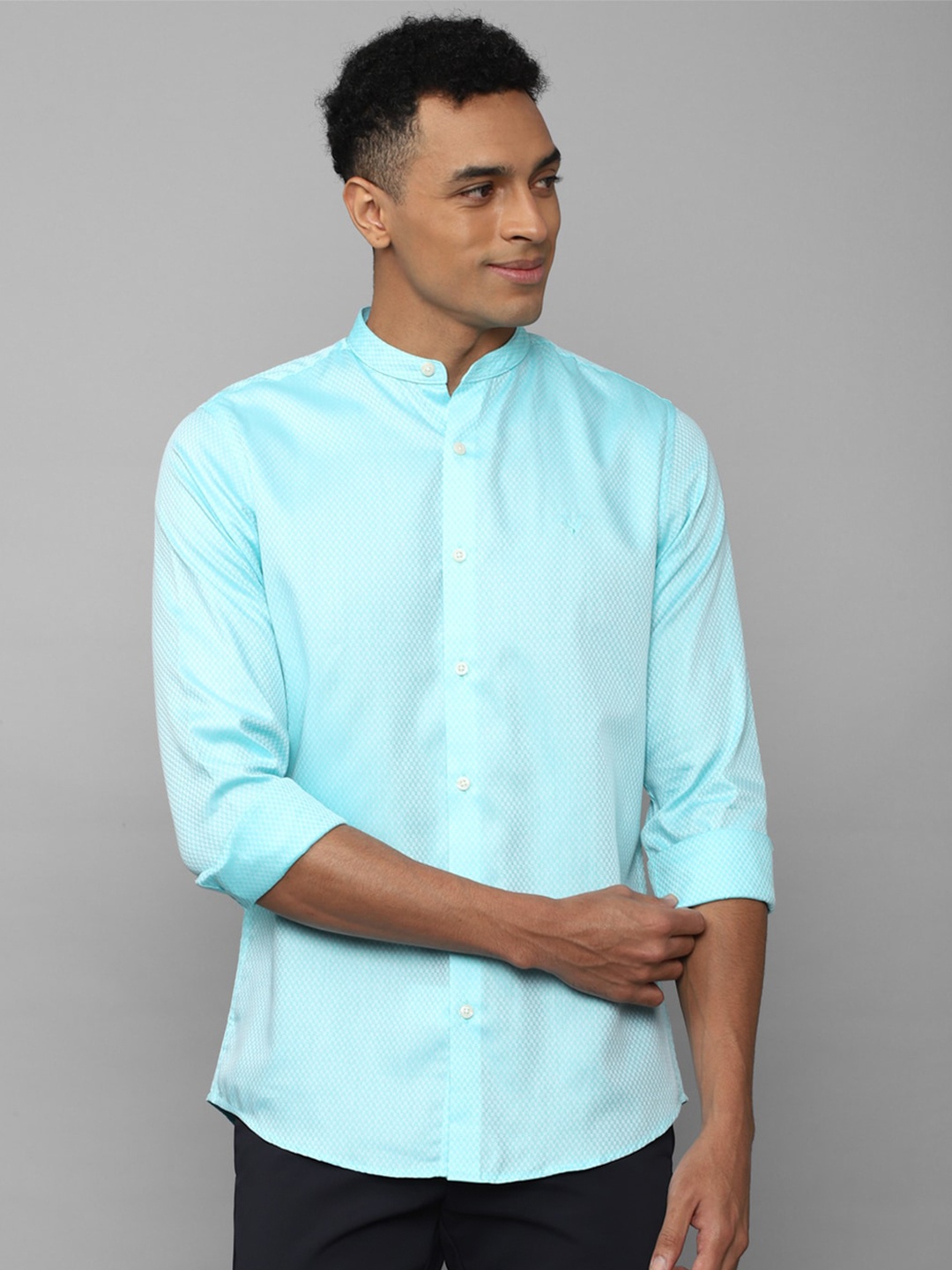 

Allen Solly Men Mandarin Collar Slim Fit Cotton Casual Shirt, Blue
