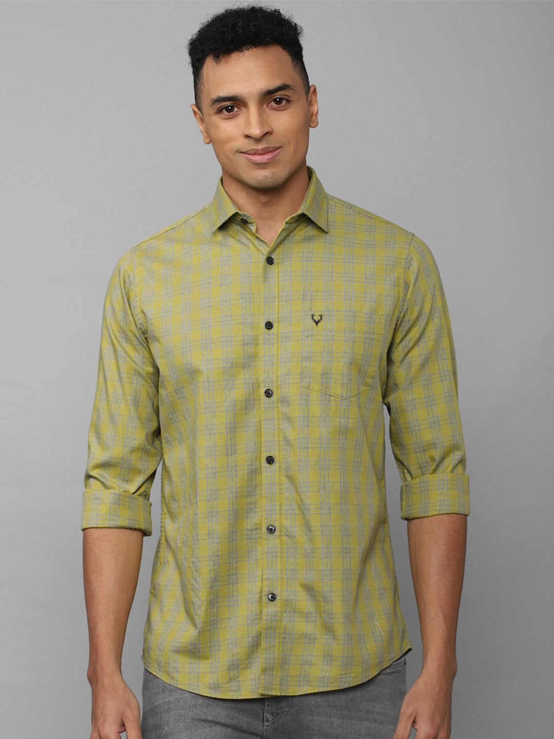 

Allen Solly Men Slim Fit Checked Pure Cotton Casual Shirt, Olive