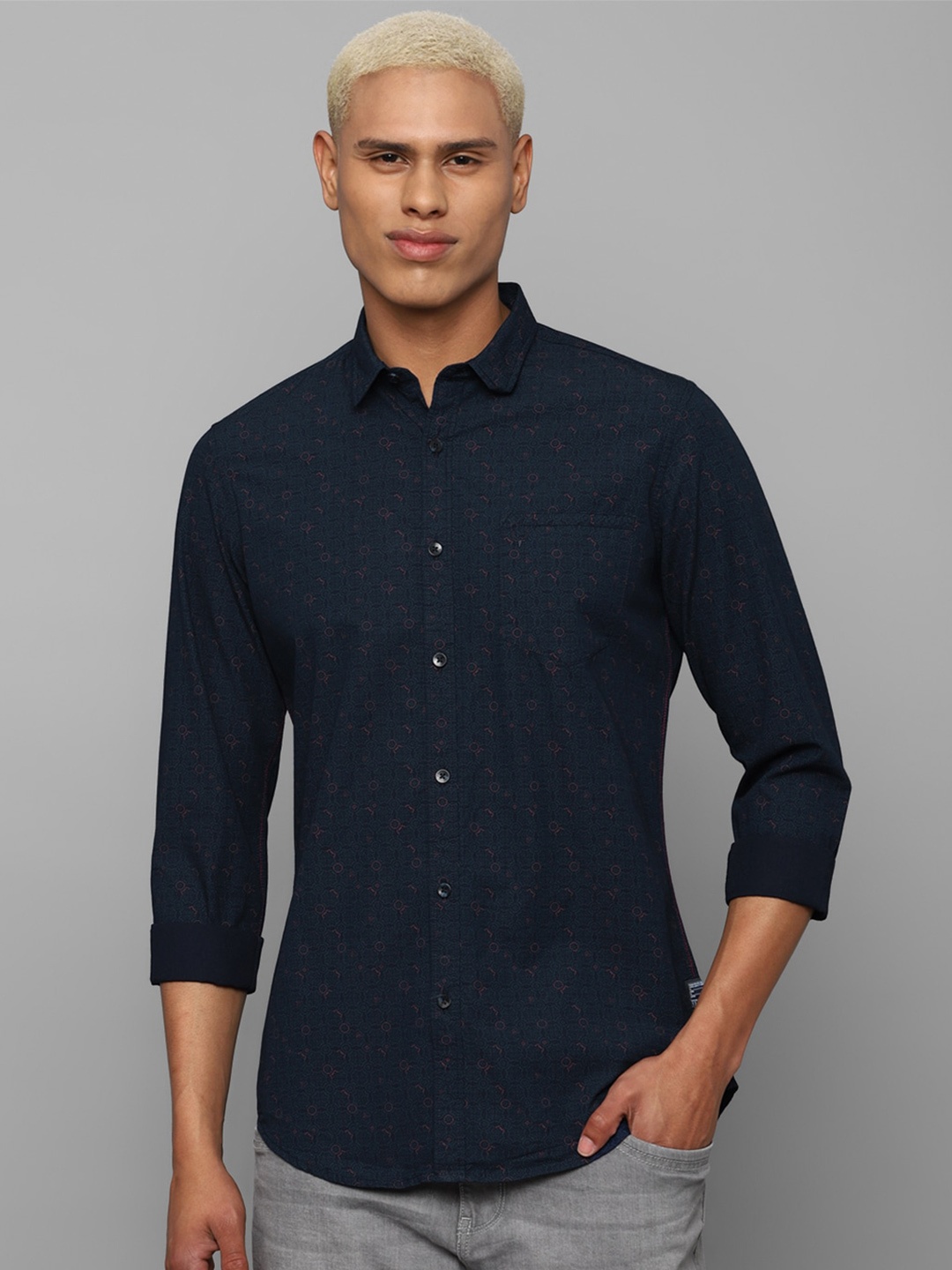 

Allen Solly Sport Ethnic Motif Printed Casual Pure Cotton Shirt, Navy blue