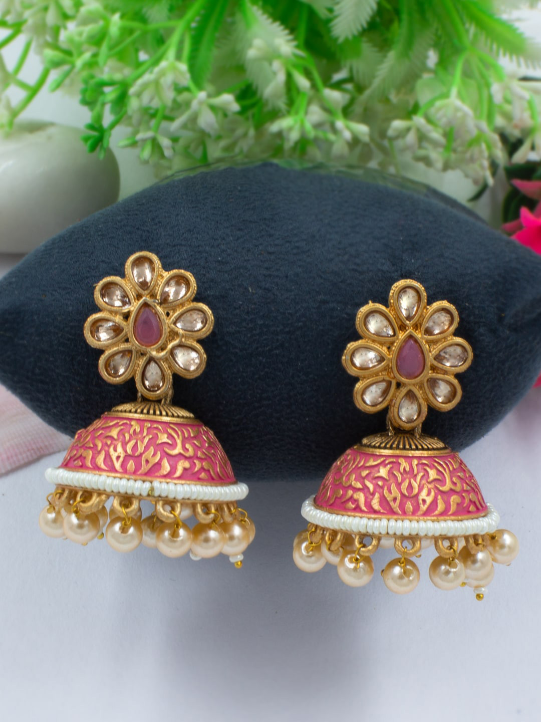 

PRIVIU Gold-Plated Classic Jhumkas Earrings, Pink