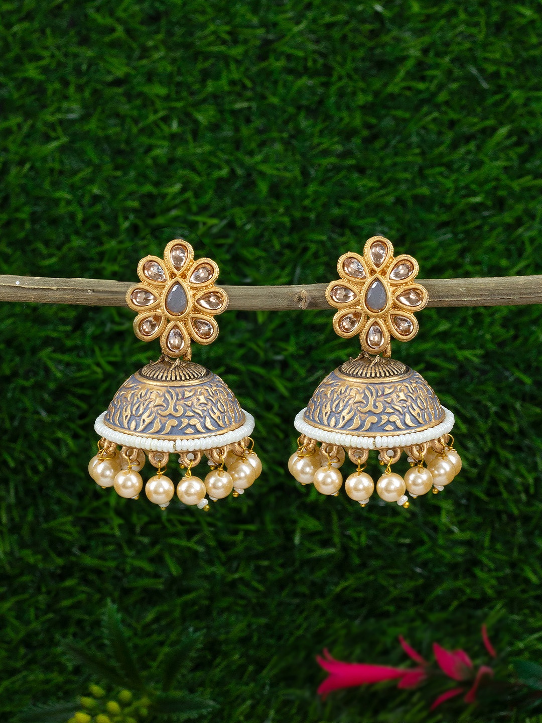 

PRIVIU Gold-Plated Classic Jhumkas Earrings, Grey