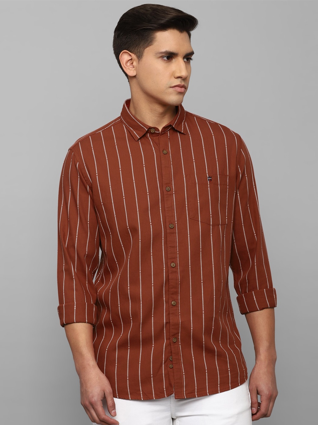 

Louis Philippe Jeans Men Slim Fit Striped Cotton Casual Shirt, Maroon