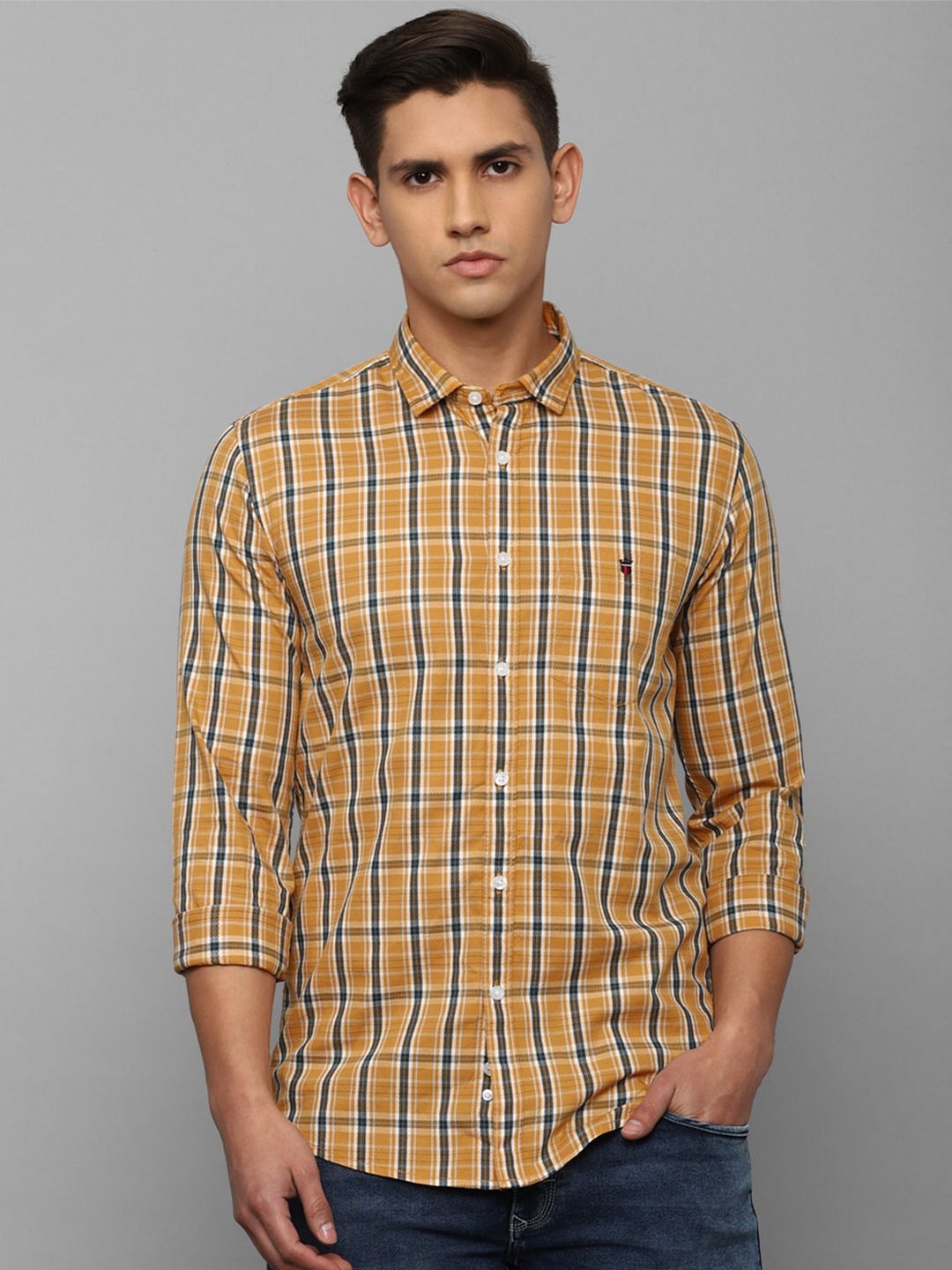 

Louis Philippe Jeans Men Slim Fit Tartan Checks Checked Pure Cotton Casual Shirt, Mustard