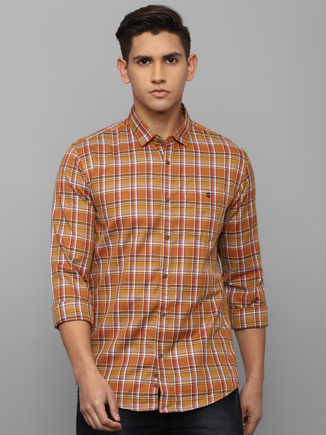 

Louis Philippe Jeans Men Slim Fit Tartan Checks Checked Pure Cotton Casual Shirt, Orange