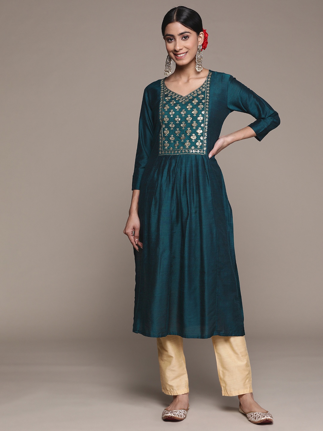 

Ishin Floral Yoke Design Silk A-Line Kurta, Teal