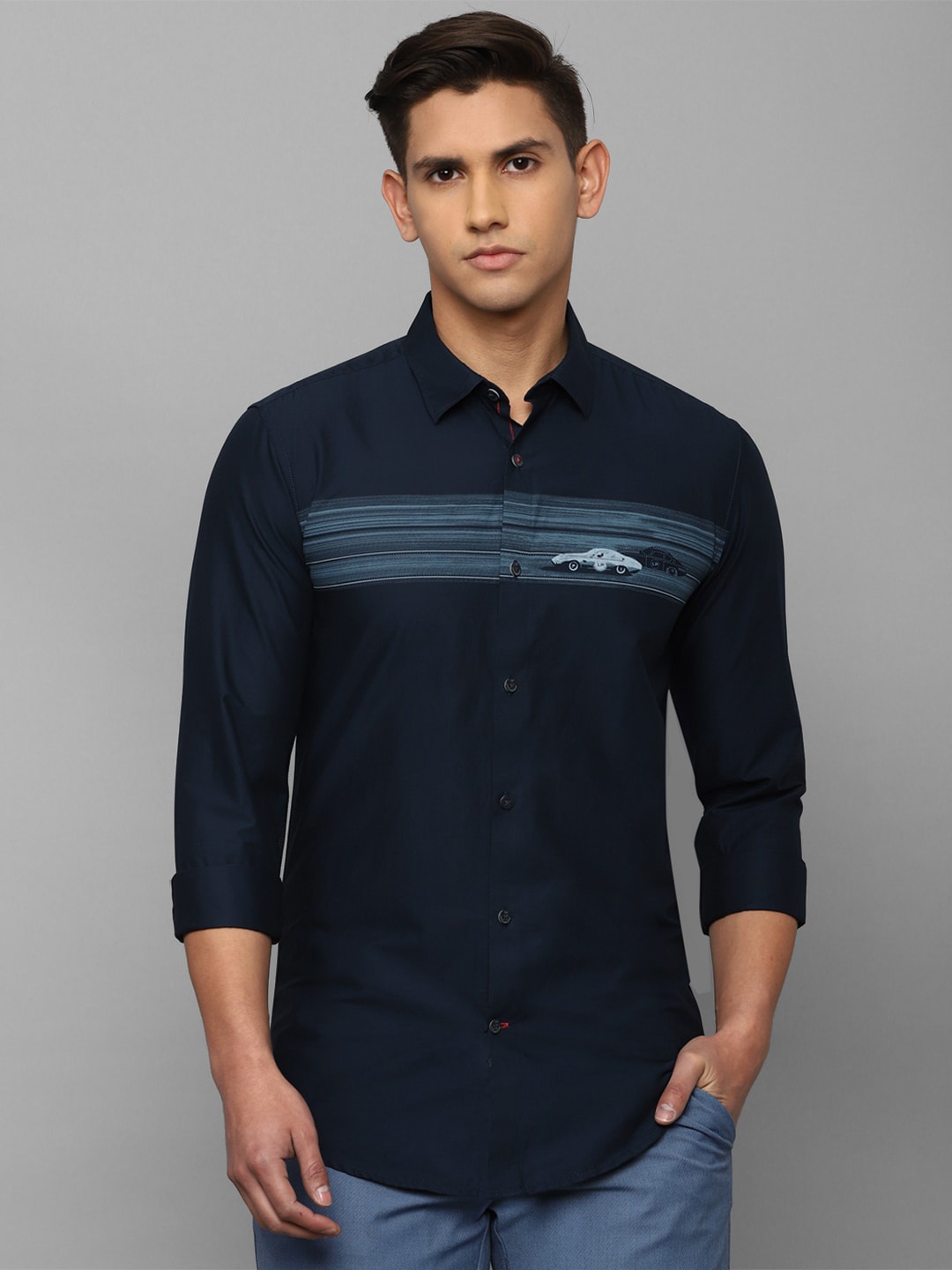 Louis Philippe Sport Slim Fit Graphic Printed Casual Pure Cotton Shirt, Navy blue