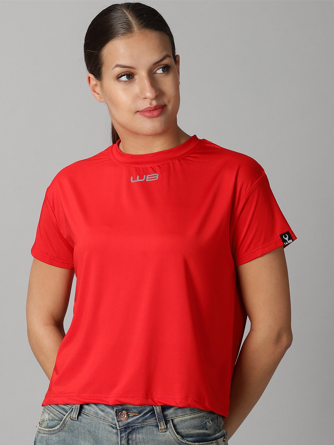 

Wildbrocket Women Round Neck Sports Crop T-shirt, Red