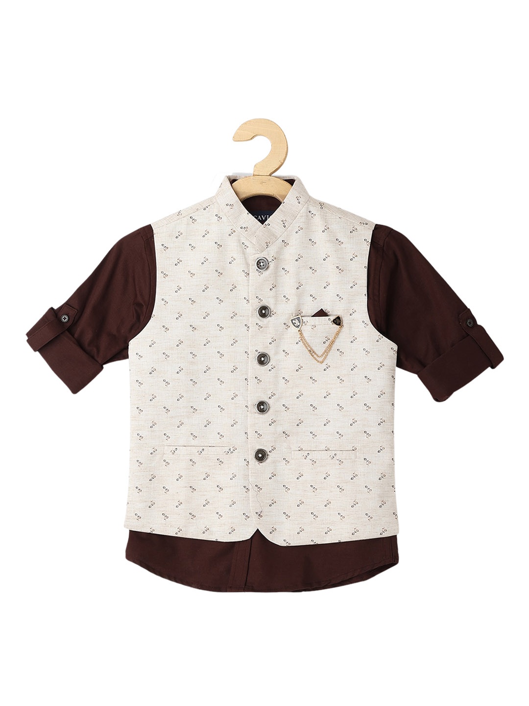

CAVIO Boys Printed Cotton Nehru Jackets With Shirt, Cream
