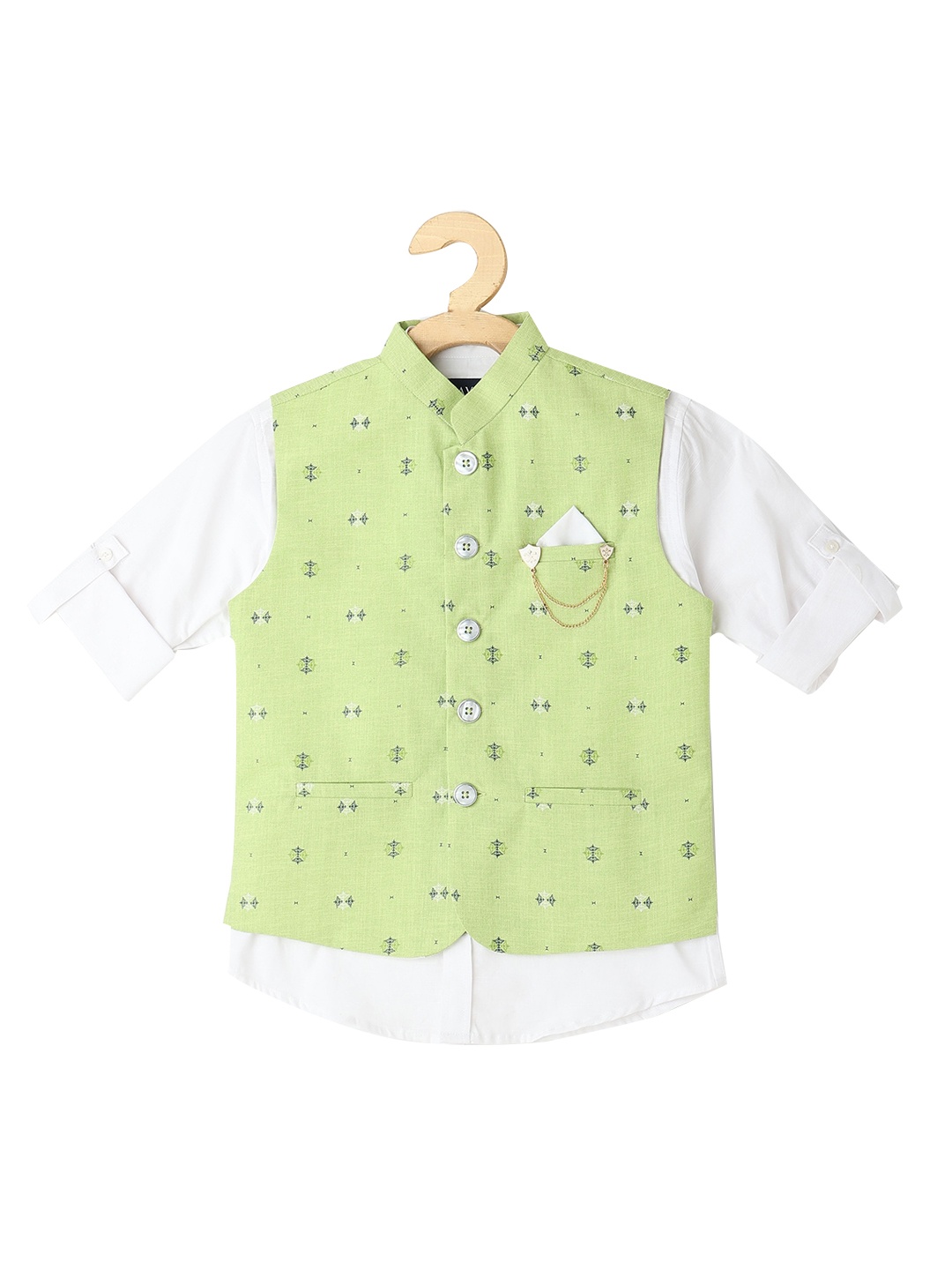 

CAVIO Boys Printed Woven Pure Cotton Nehru Jacket with Shirt, Green