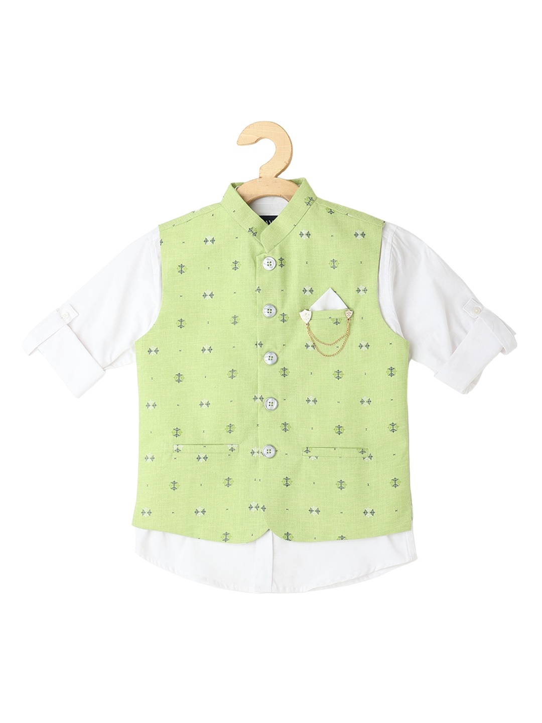 

CAVIO Boys Printed Partywear Nehru Jacket With Shirt & Brooch, Green