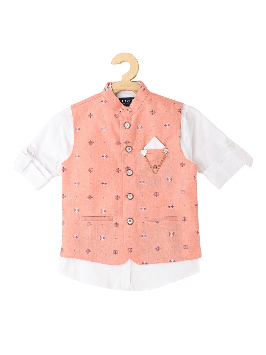 

CAVIO Boys Printed Nehru Jacket With Shirt, Pink