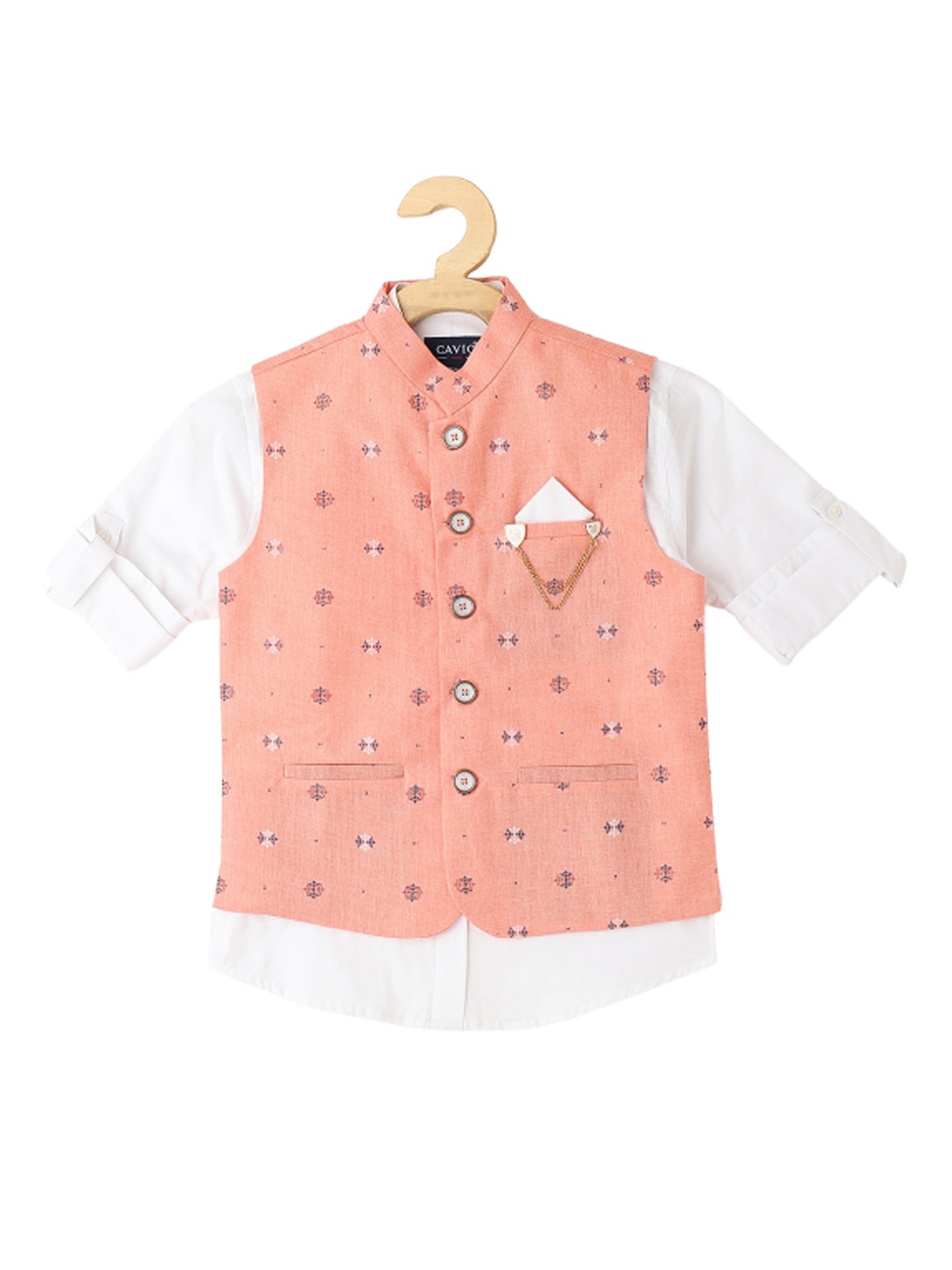 

CAVIO Boys Woven-Design Cotton Nehru Jacket With Shirt, Pink