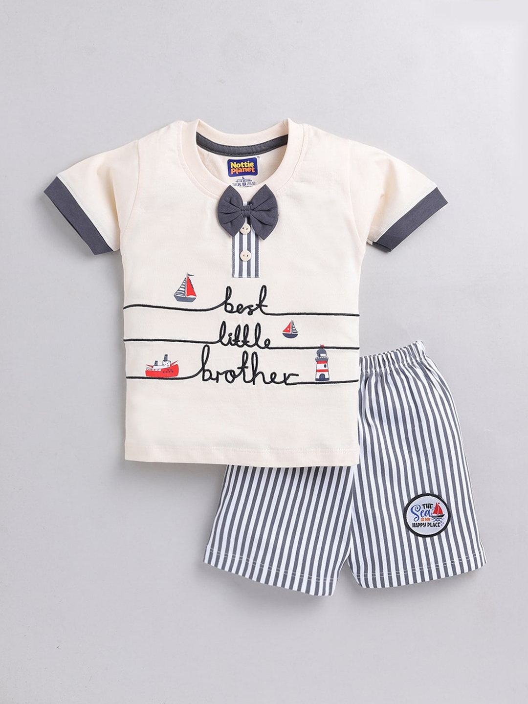 

Nottie Planet Boys Cotton Printed T-shirt with Shorts Set, Cream