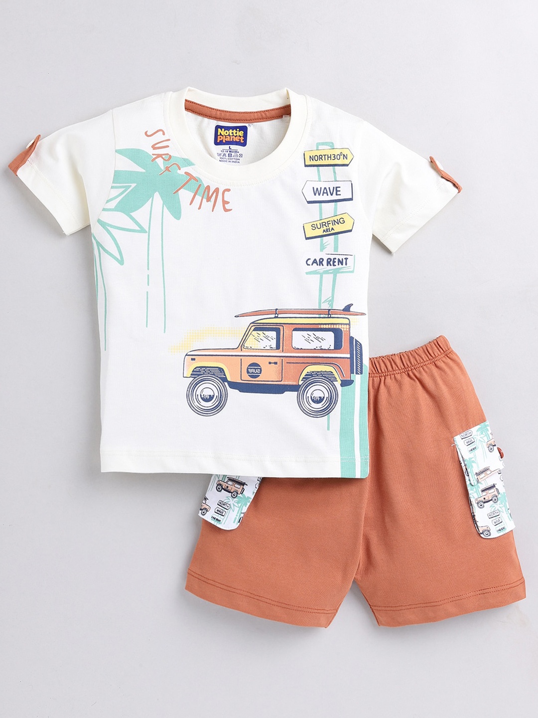 

Nottie Planet Boys Printed Pure Cotton T-shirt with Shorts, White