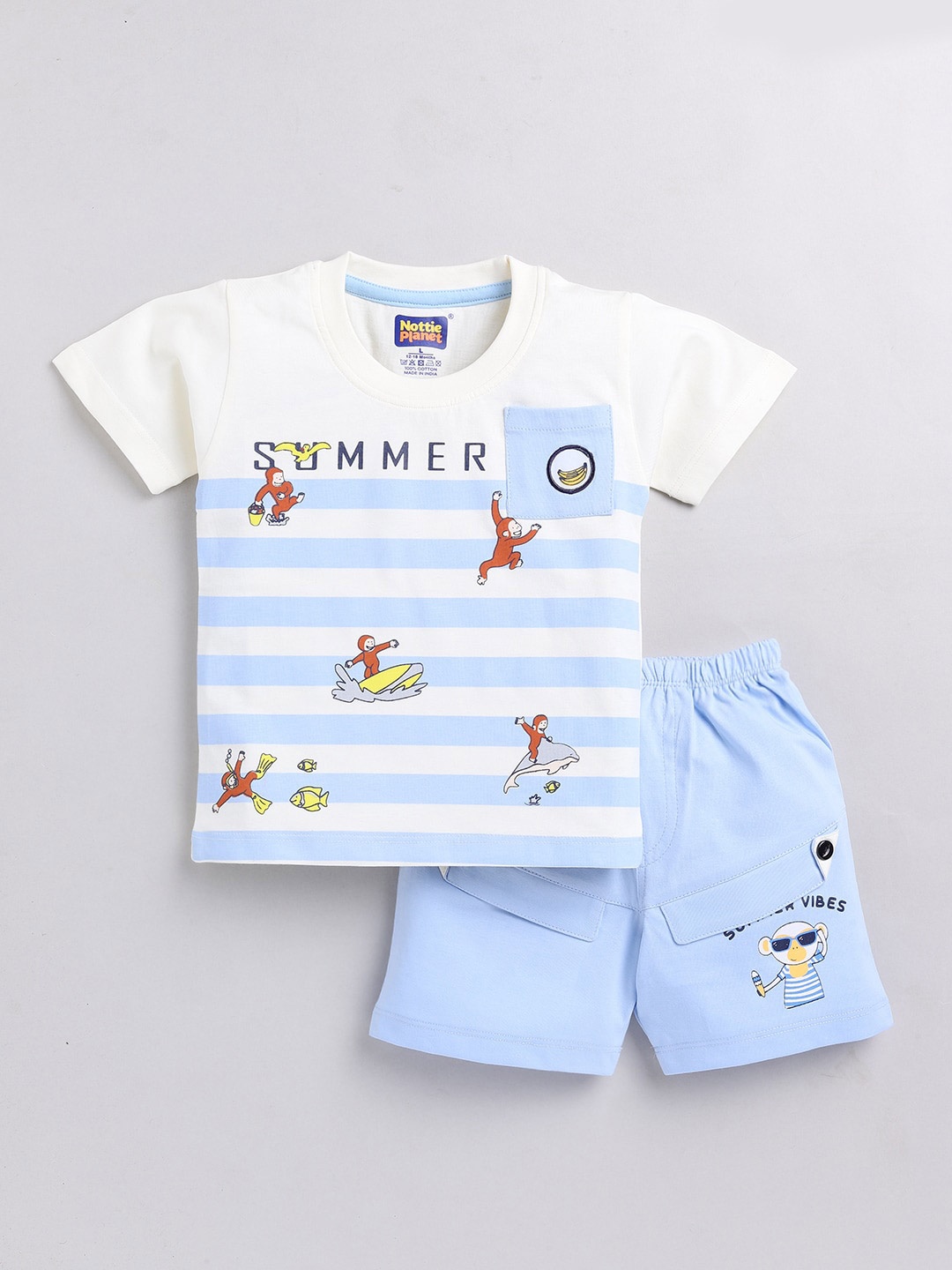 

Nottie Planet Boys Printed Pure Cotton Round Neck T-shirt with Shorts, Off white