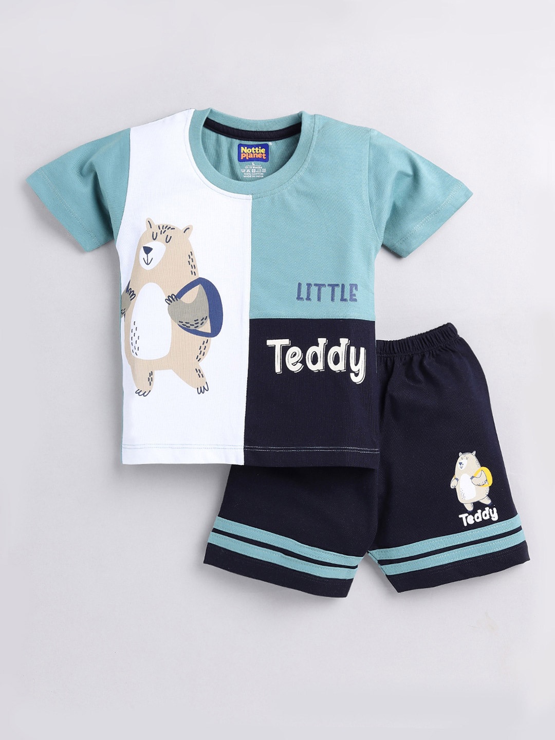 

Nottie Planet Boys Printed Pure Cotton Round Neck T-shirt with Shorts, Sea green