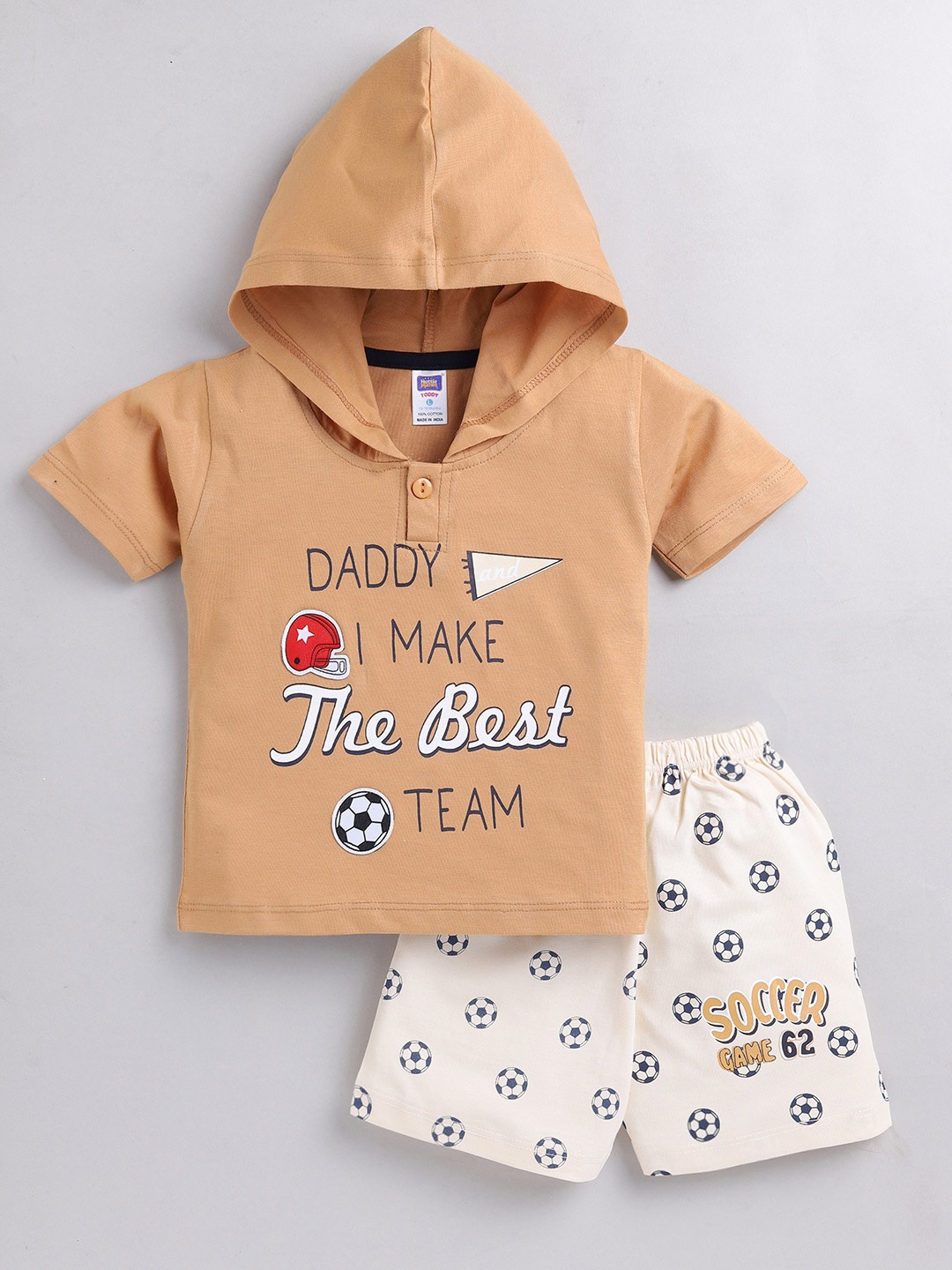 

Nottie Planet Boys Printed Pure Cotton Hooded T-shirt with Shorts, Brown