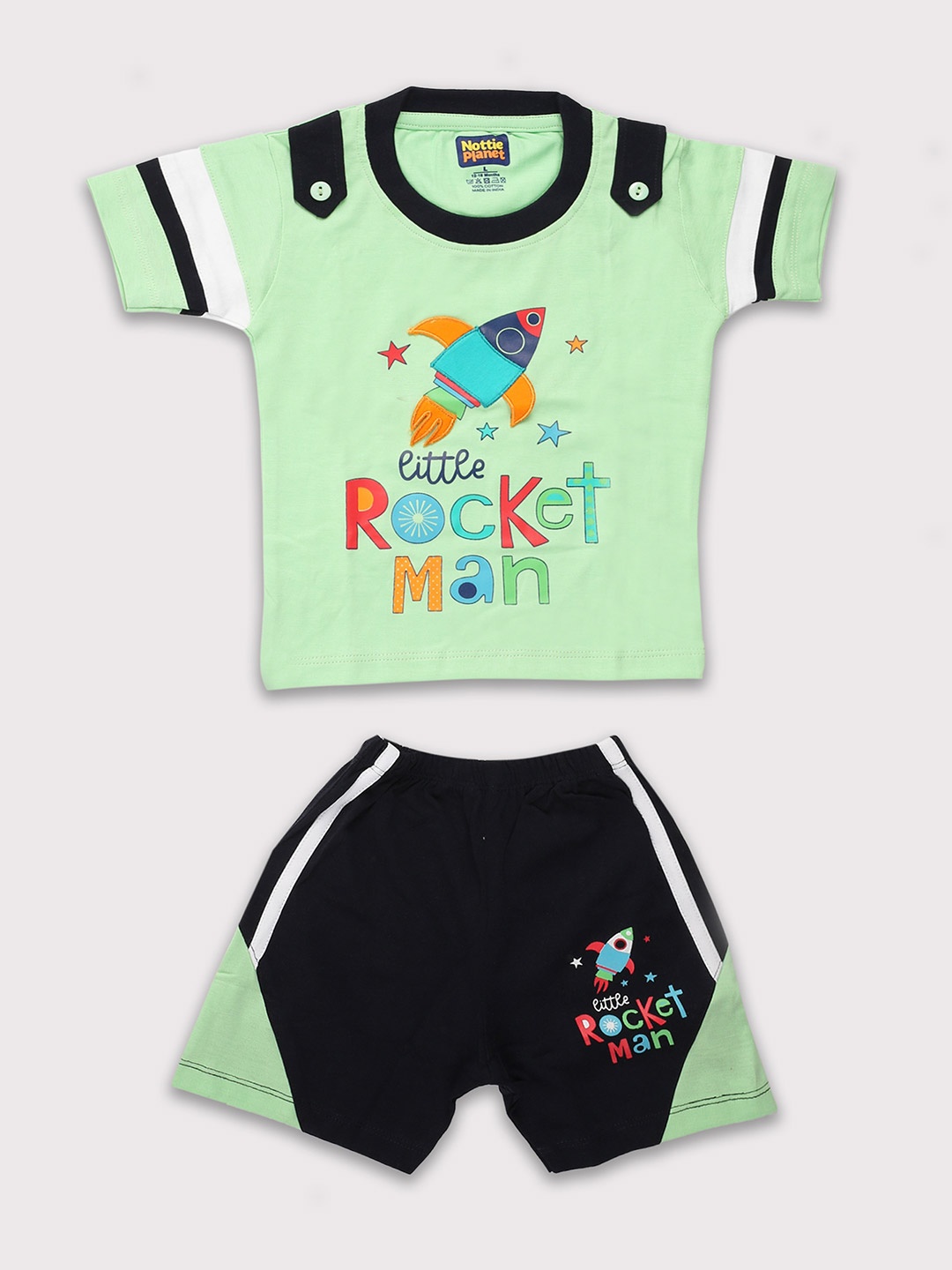 

Nottie Planet Boys Printed Pure Cotton Round Neck T-shirt with Shorts, Green