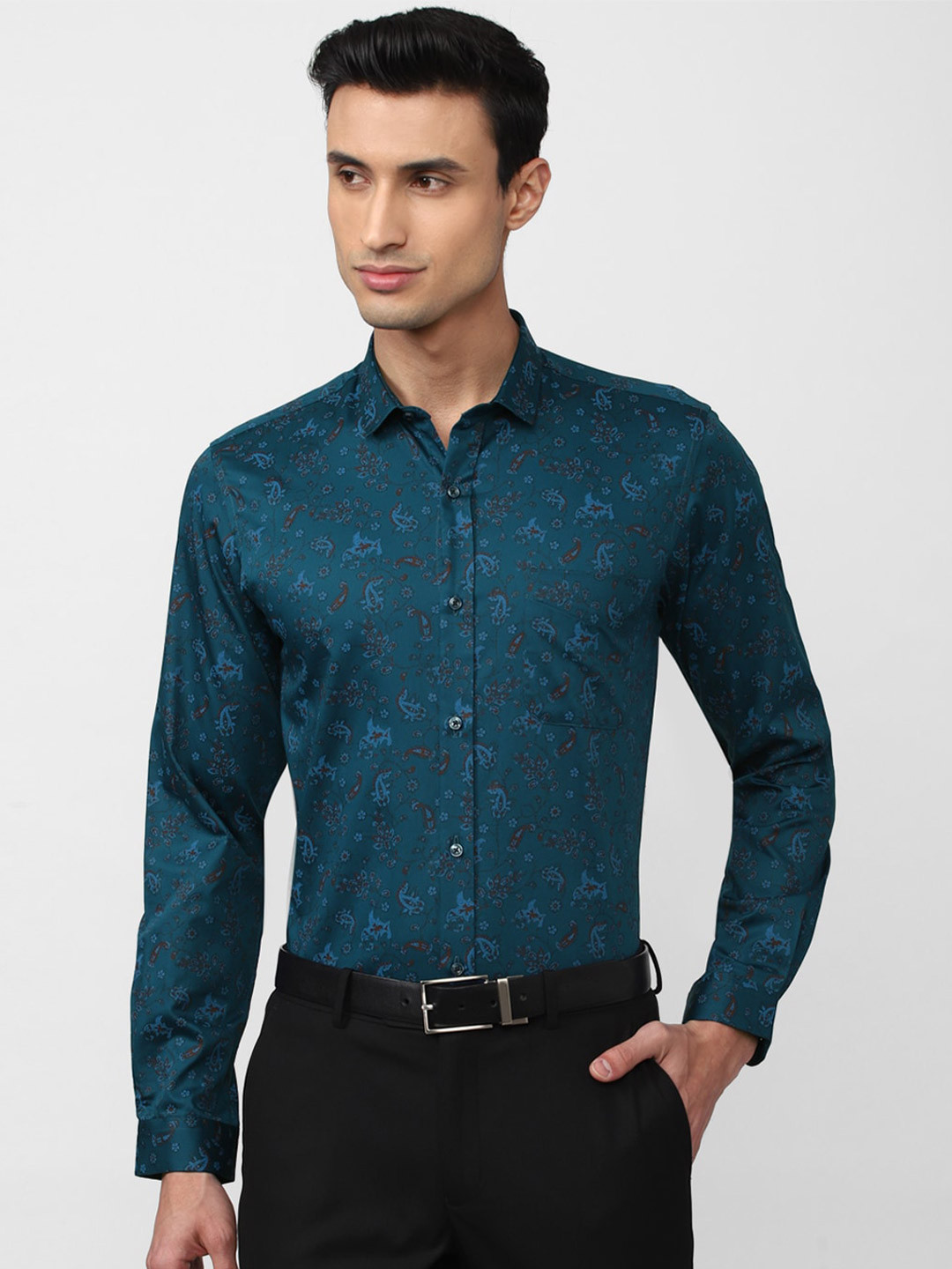 

Peter England Men Slim Fit Floral Printed Formal Pure Cotton Shirt, Teal