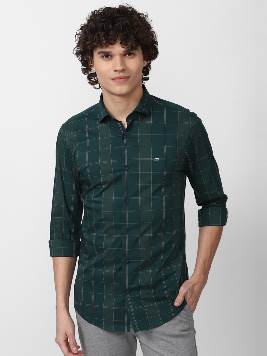 

Peter England Men Slim Fit Grid Tattersall Checked Casual Cotton Shirt, Green