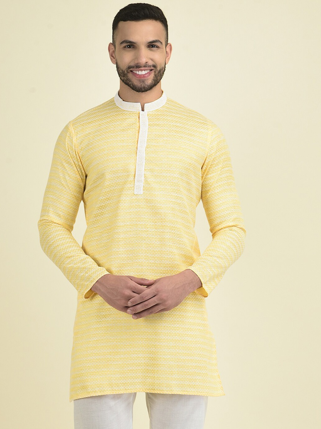 

Anouk Men Woven Design Kurti with Pyjamas, Yellow
