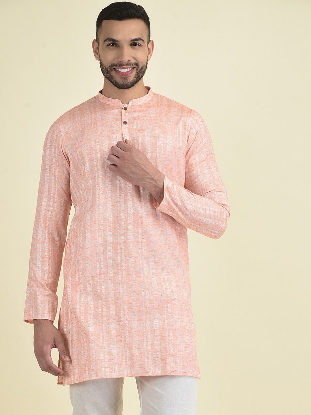 

Anouk Men Mandarin Collar Woven Design Thread Work Kurta with Pyjamas, Peach
