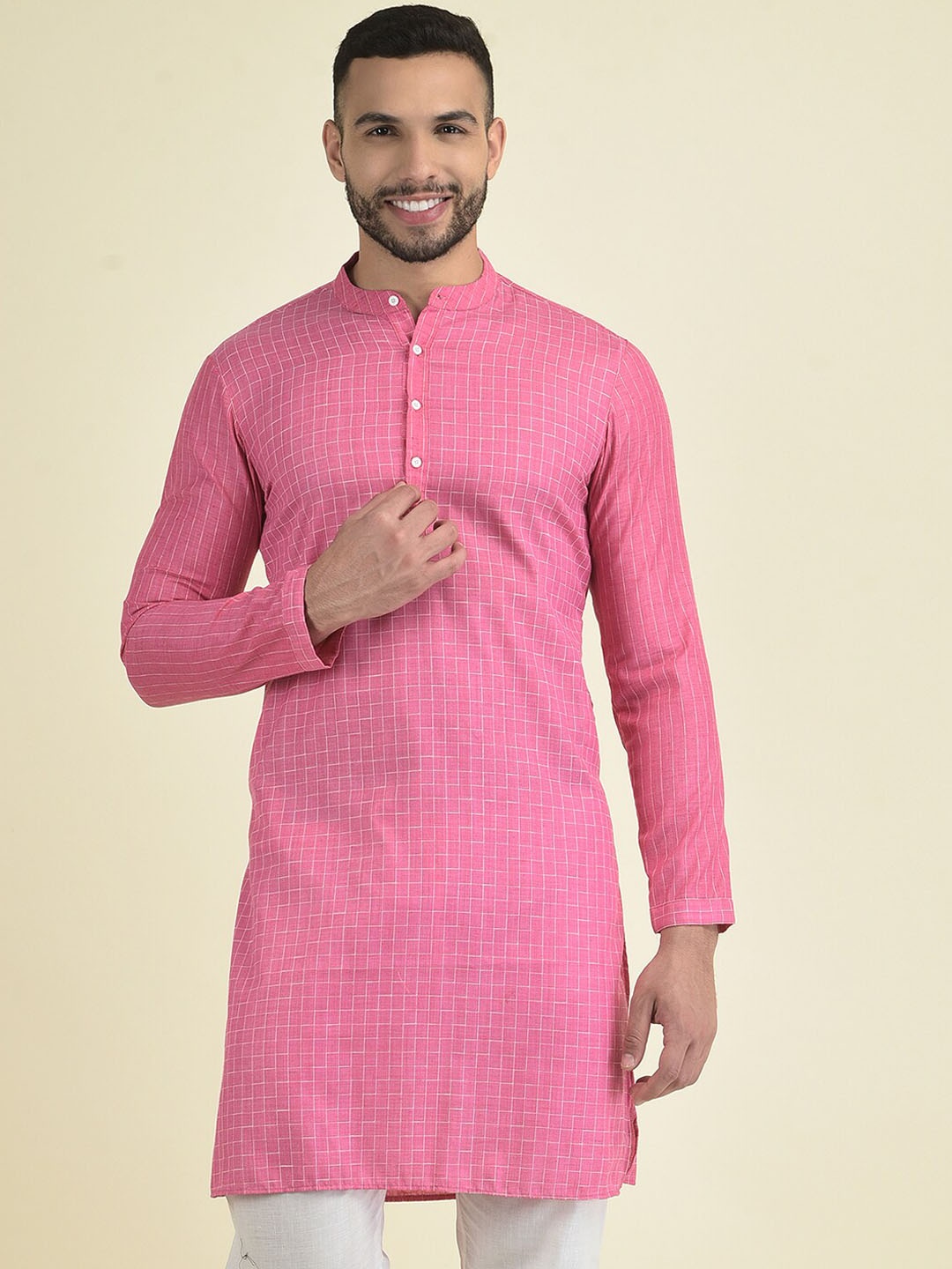 

Anouk Men Checked Mandarin Collar Kurta with Pyjamas, Pink
