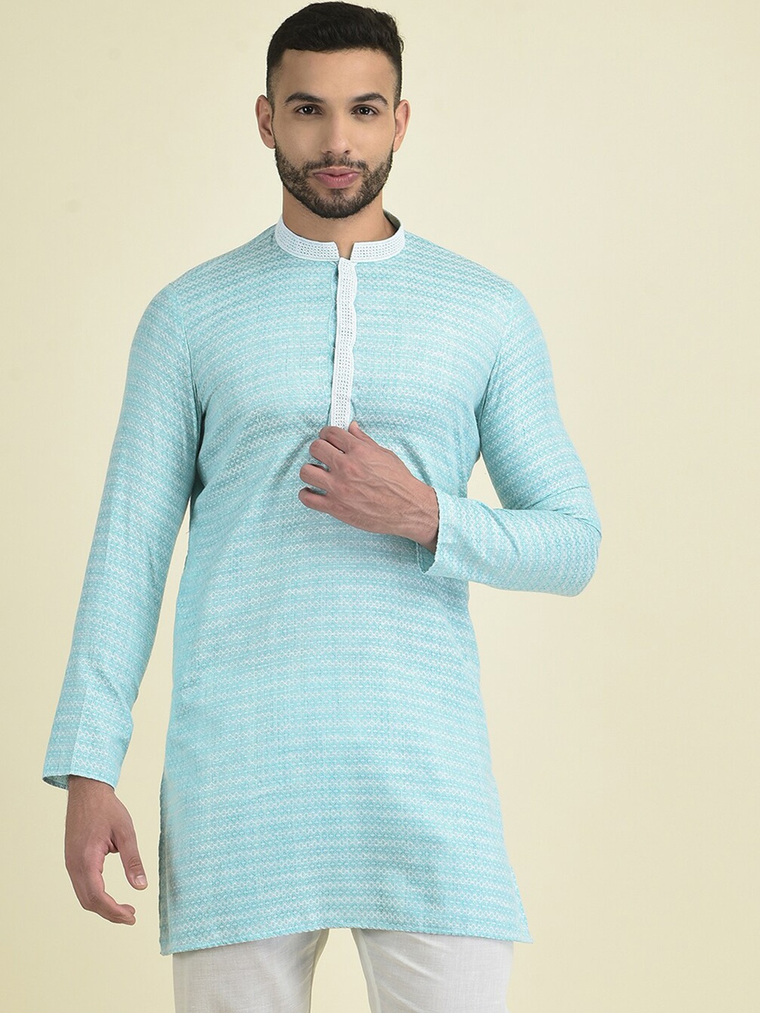 

Anouk Men Mandarin Collar Woven Design Kurta With Pyjamas, Green