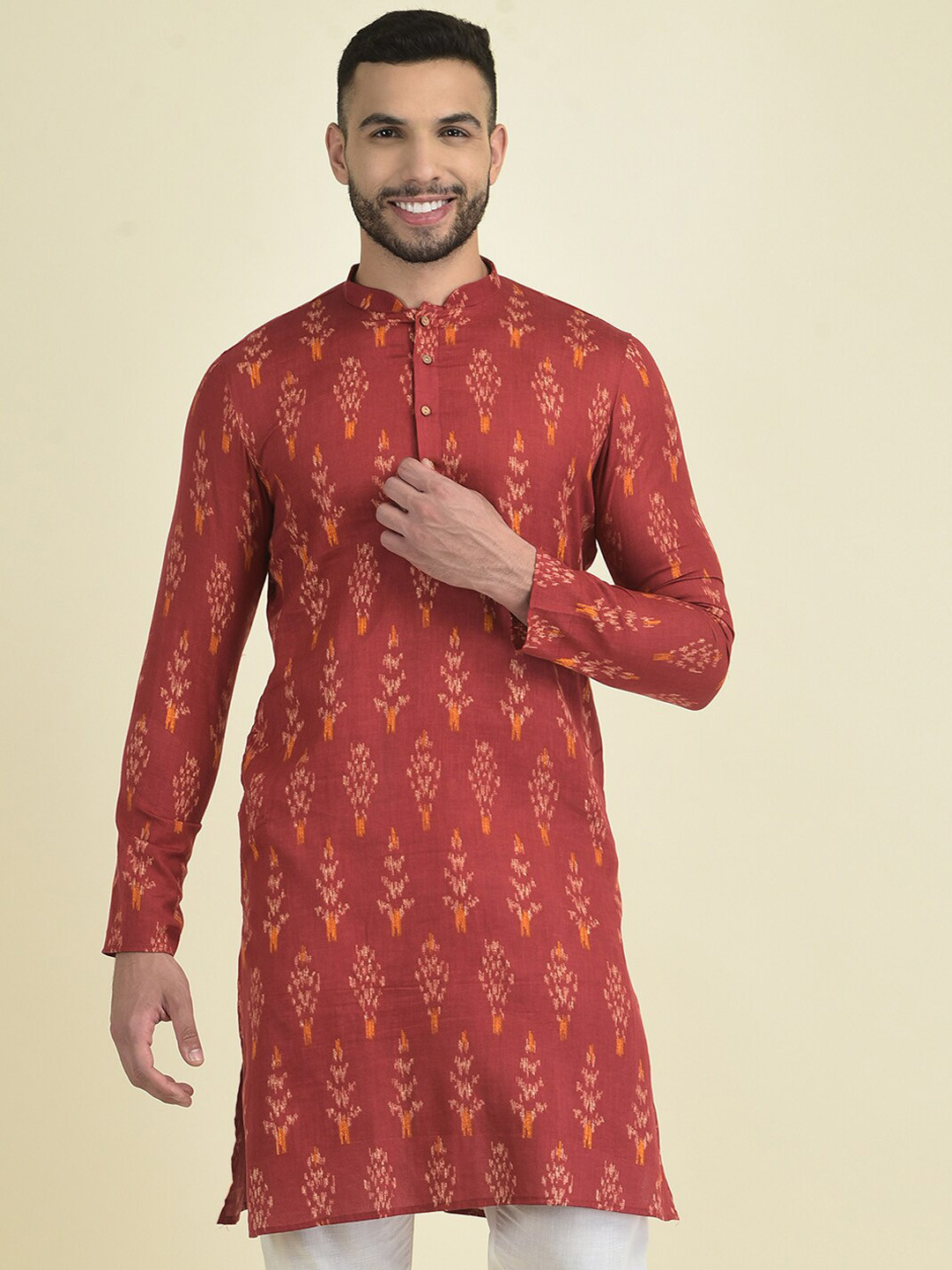 

Anouk Men Mandarin Collar Ethnic Motifs Printed Kurta with Pyjamas, Red