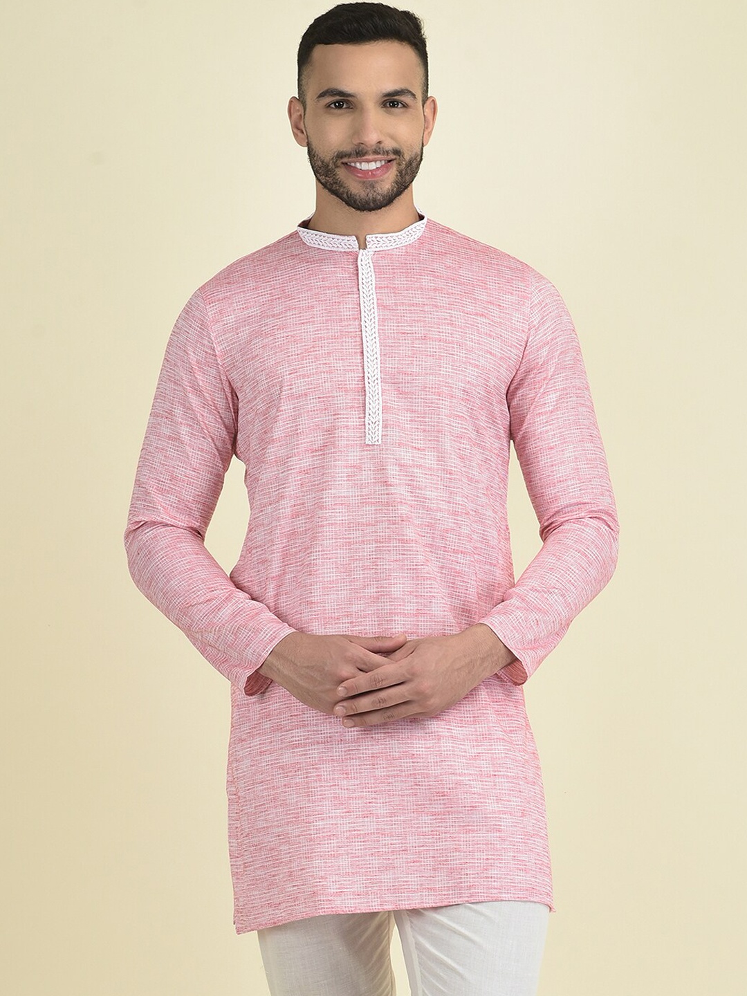 

Anouk Men Band Collar Kurta with Pyjamas, Pink
