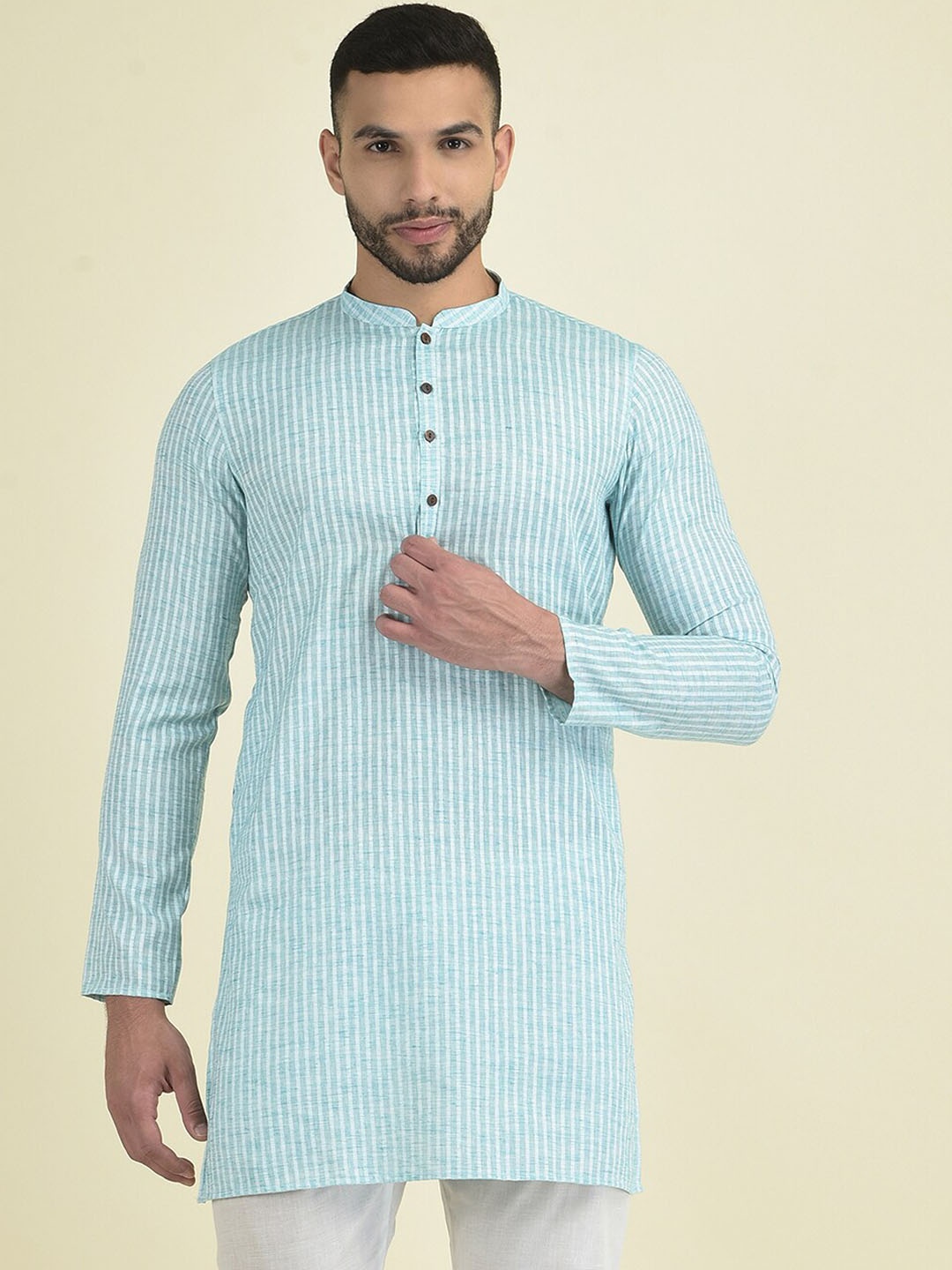 

Anouk Striped Straight Pure Cotton Kurta with Pyjamas, Sea green