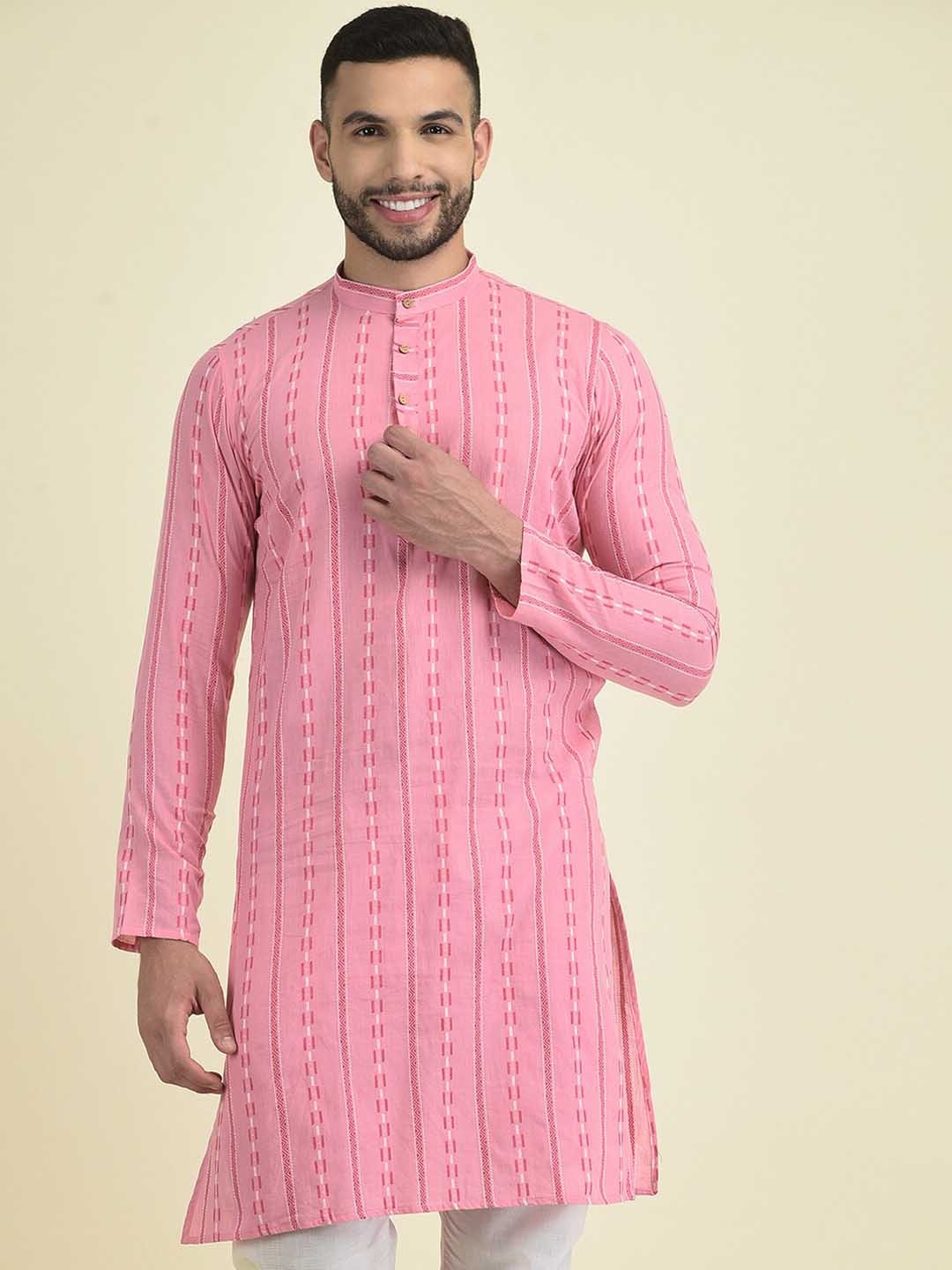 

Anouk Men Woven Design Mandarin Collar Kurta with Pyjamas, Pink