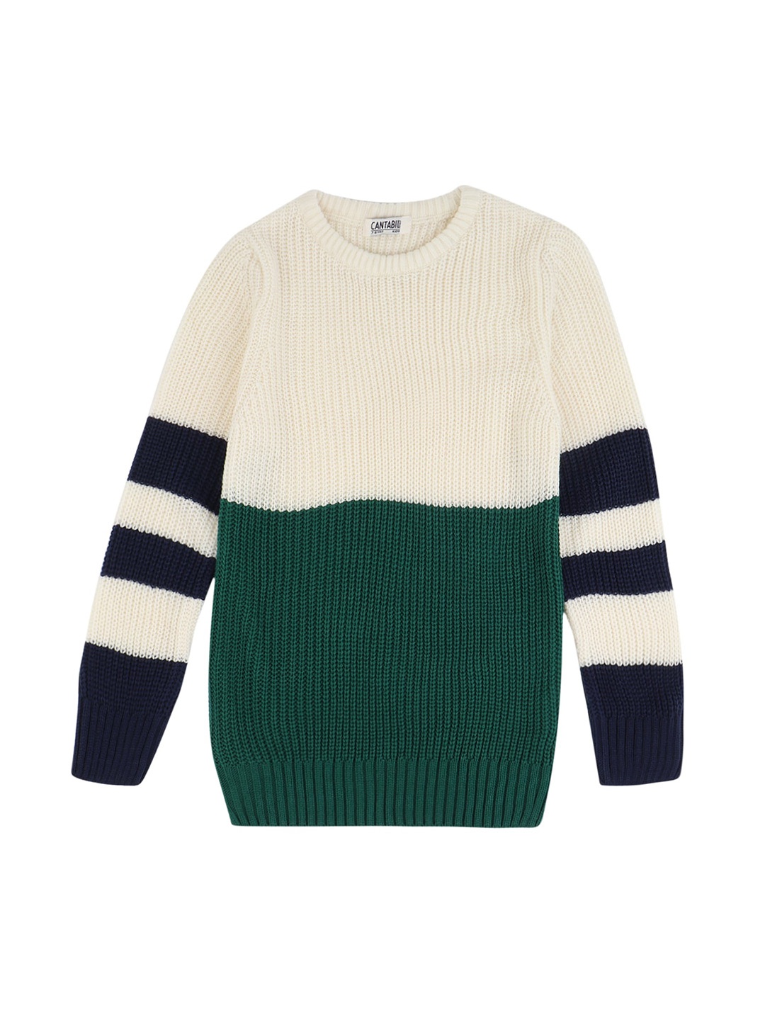 

Cantabil Boys Printed Wool Striped Pullover, Off white