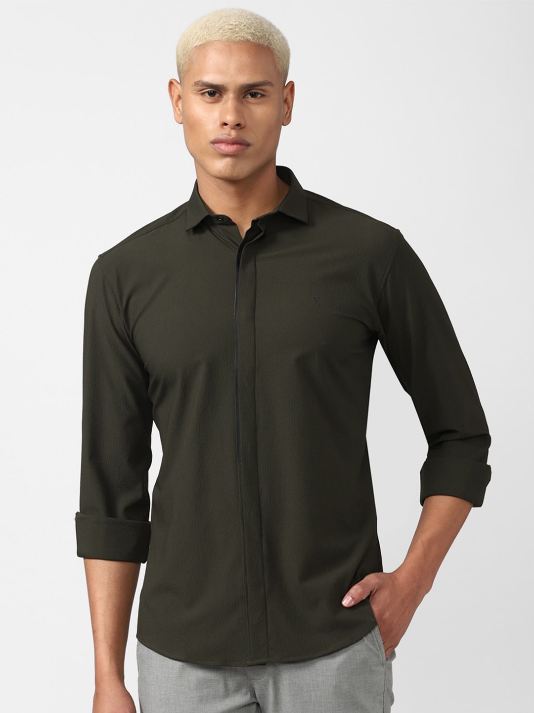 

V Dot Men Slim Fit Casual Cotton Shirt, Green