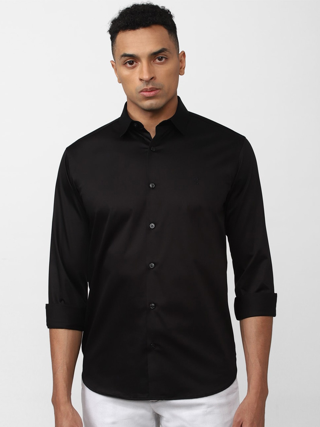 

V Dot Men Button Cuff Slim Fit Casual Shirt, Black