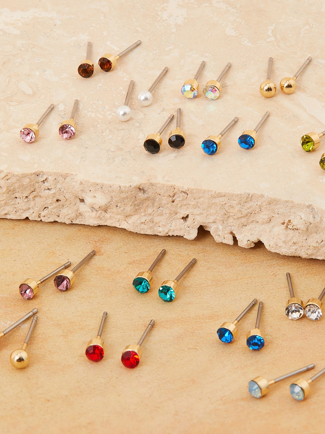 

Accessorize Set of 15 Gold Plated Classic Stone Studded Earrings, Red