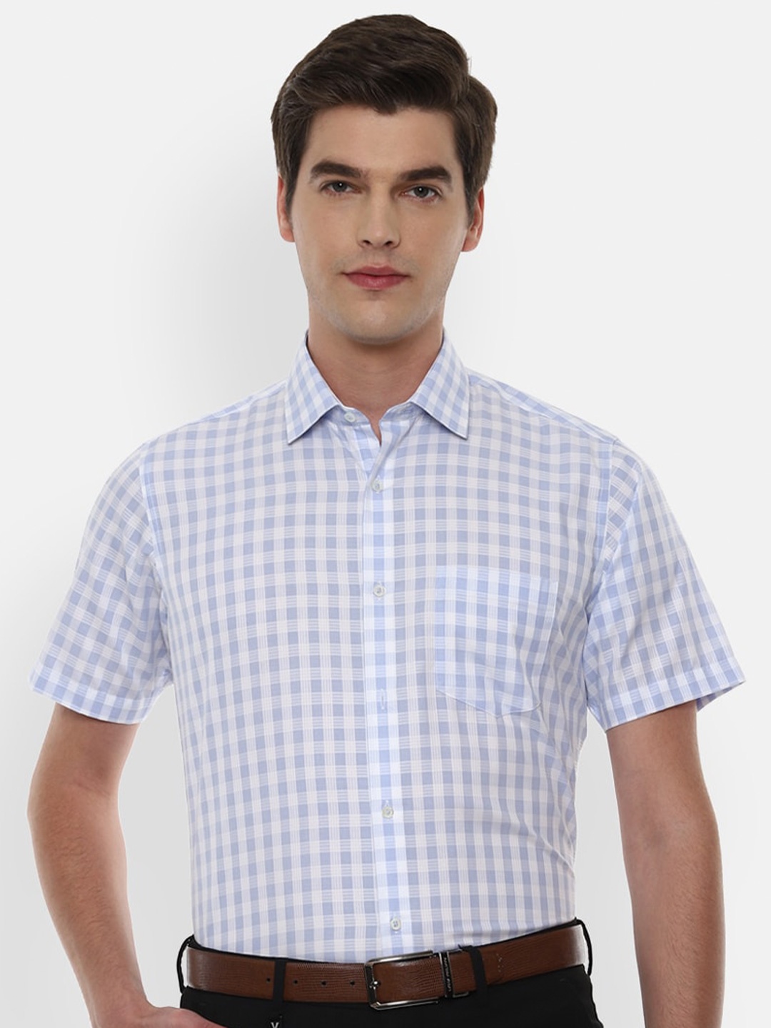 

Van Heusen Checked Short Sleeves Pure Cotton Formal Shirt, Blue