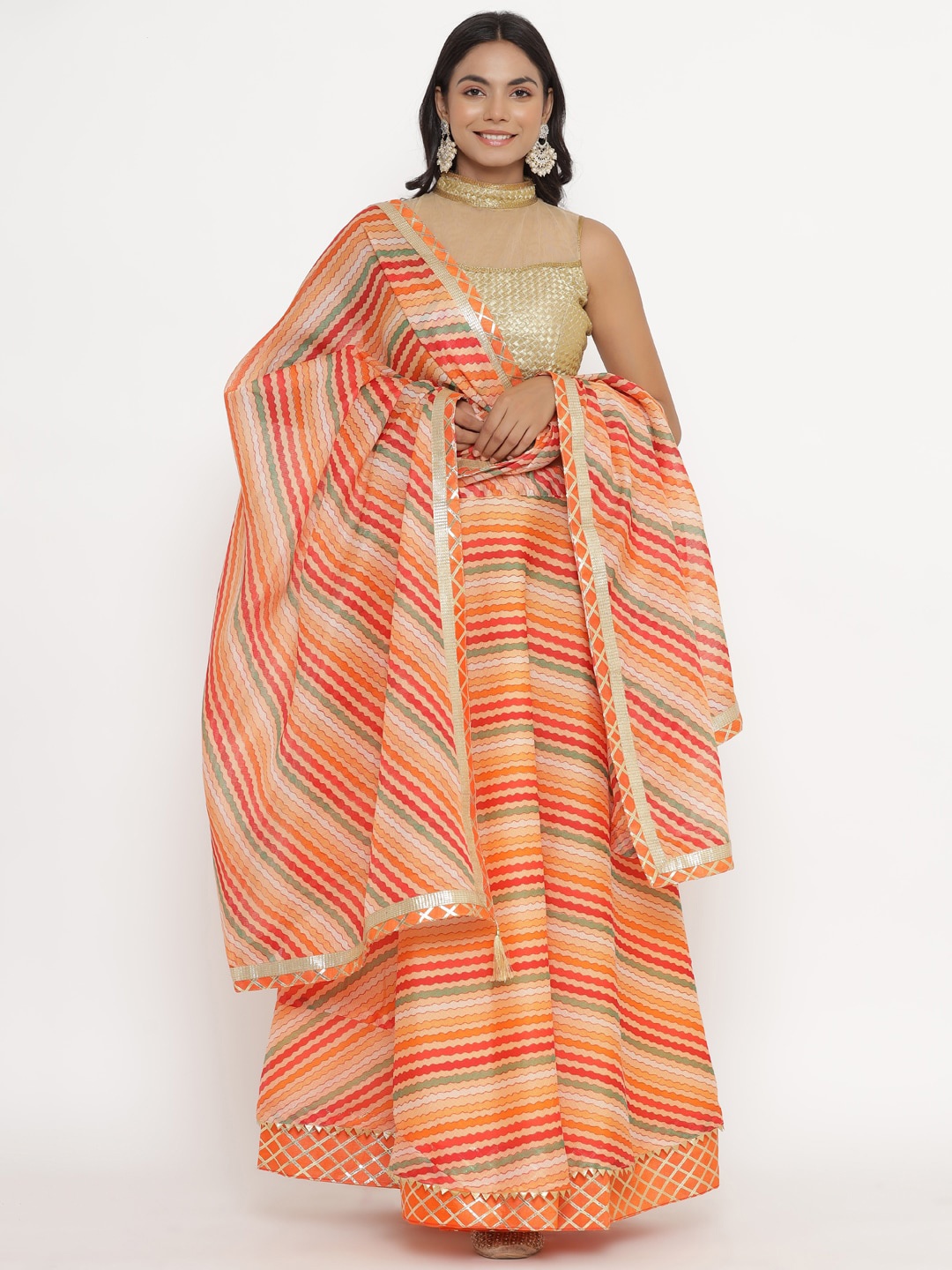 

Kesarya Embellished Ready to Wear Lehenga & Unstitched Blouse With Dupatta, Orange