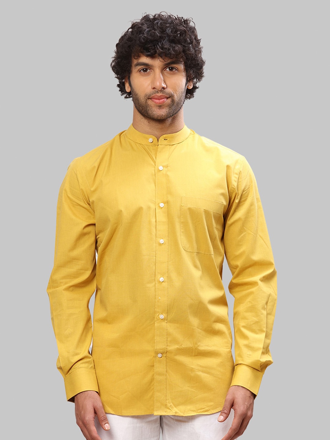 

Raymond Men Band Collar Casual Cotton Shirts, Yellow