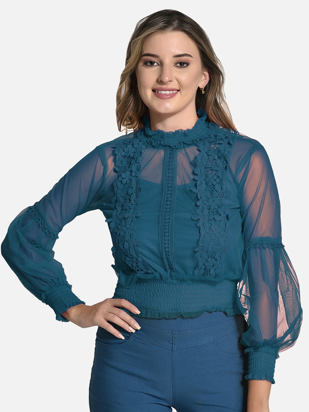 

FIMS Bishop Sleeves Lace Inserts Blouson Top, Teal