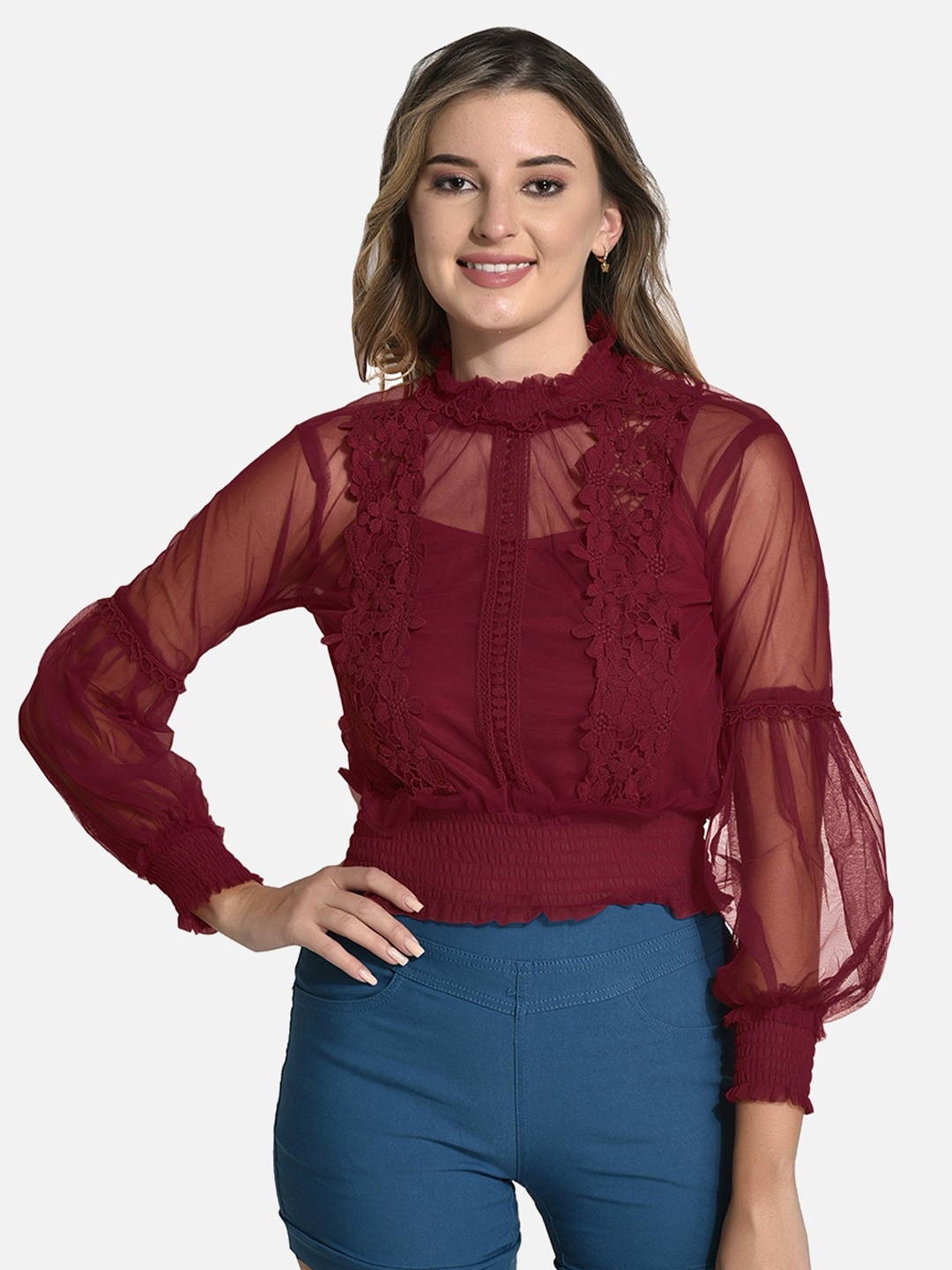 

FIMS Bishop Sleeves Lace Inserts Blouson Top, Maroon