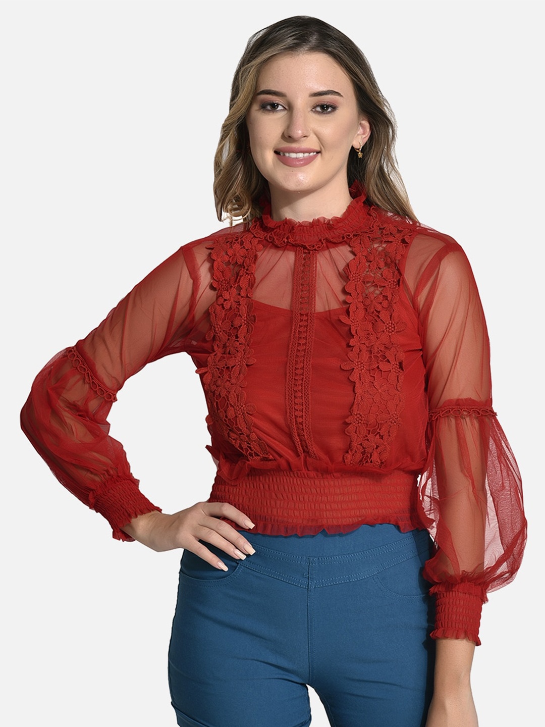 

FIMS Bishop Sleeves Lace Inserts Blouson Top, Red