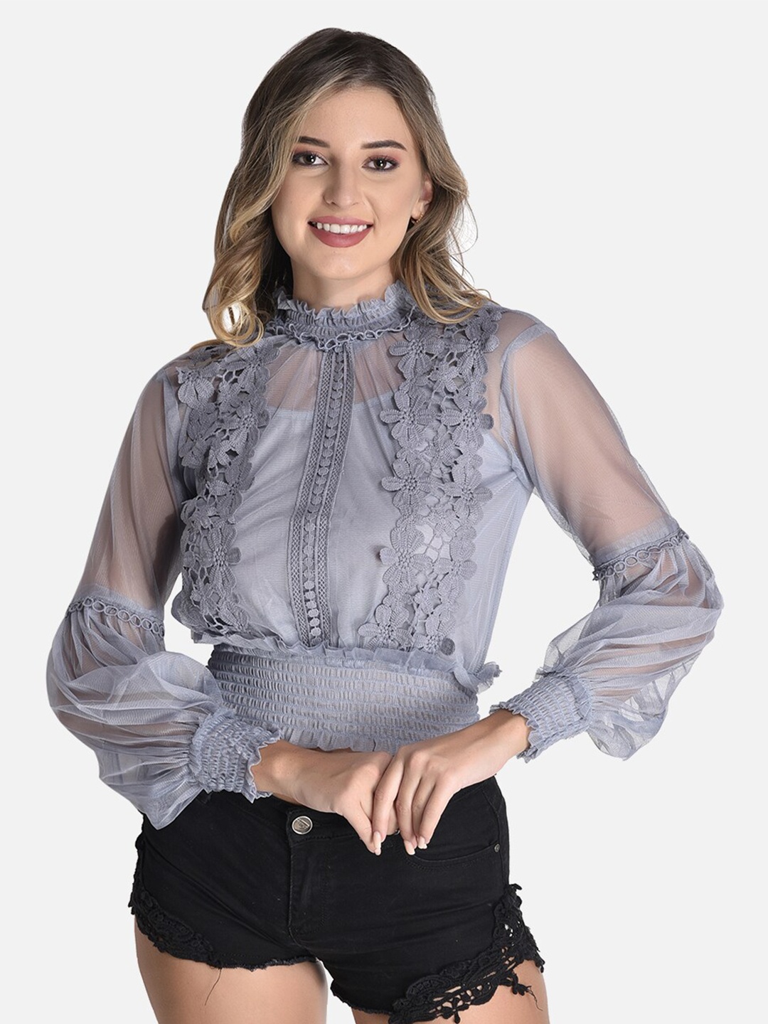 

FIMS Bishop Sleeves Lace Inserts Blouson Top, Grey
