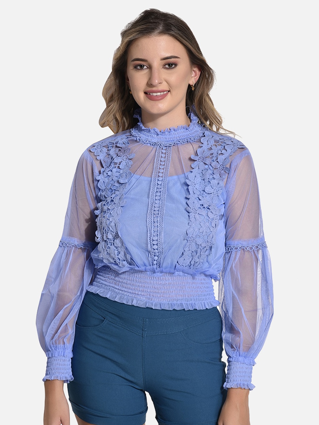 

FIMS Bishop Sleeves Lace Inserts Blouson Top, Lavender