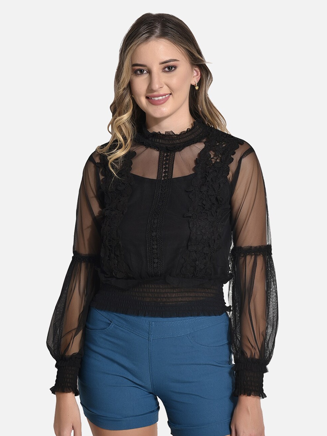 

FIMS Bishop Sleeves Lace Inserts Blouson Top, Black