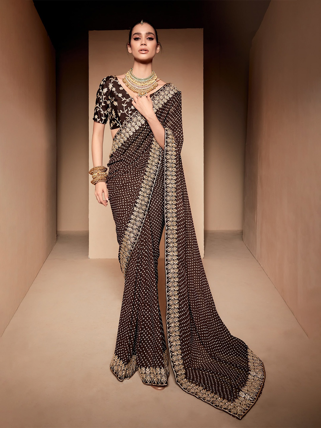 

elora Bandhani Printed Saree, Brown