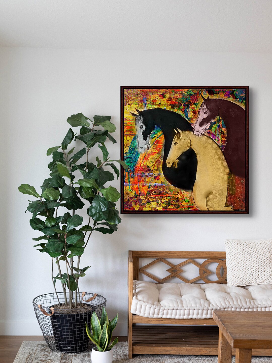 

999Store Brown & Yellow Horse Face With Abstract Effect Canvas Painting Wall Art