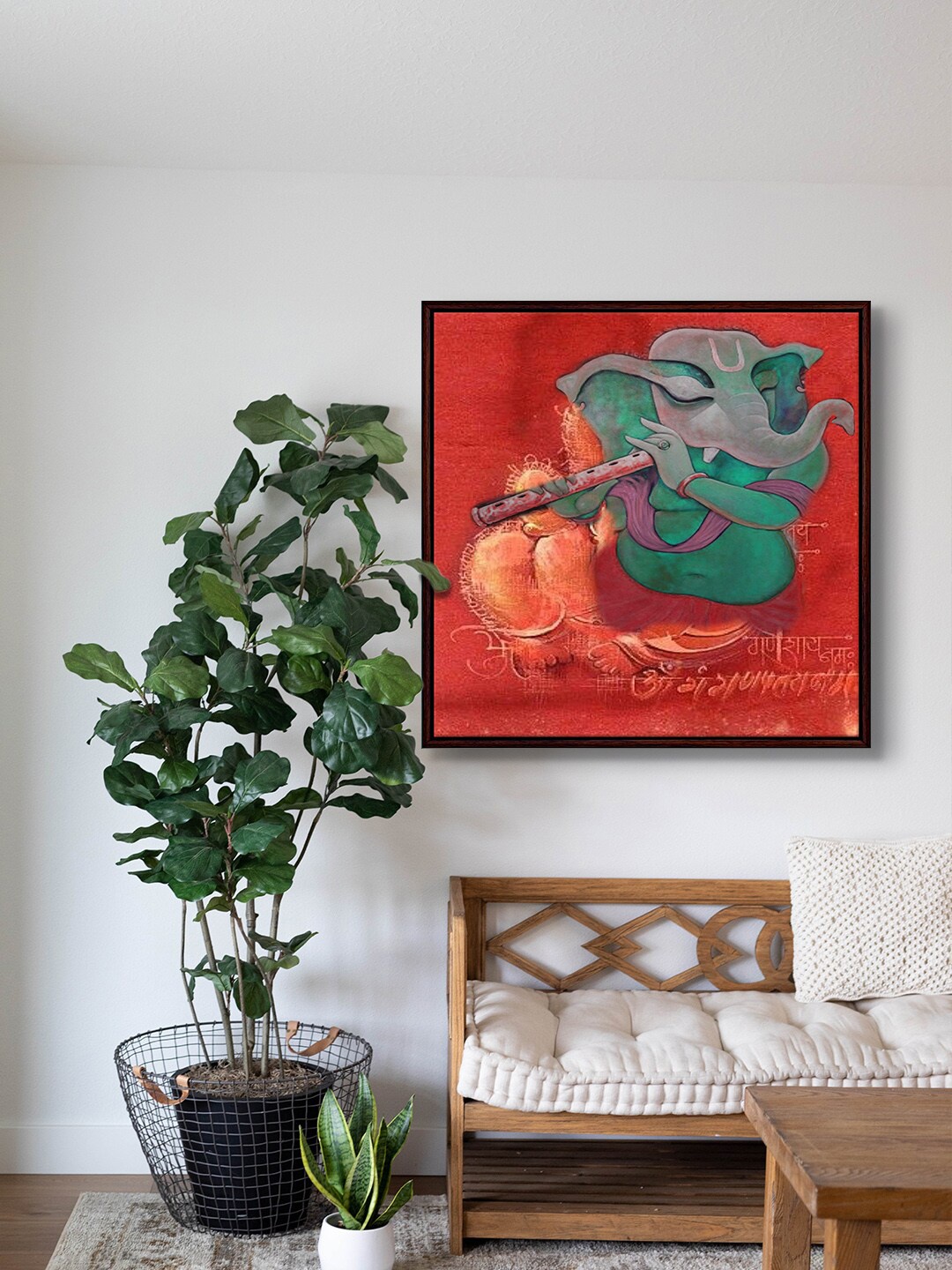 

999Store Red & Green lord Ganesha Playing Flute Painting Framed Wall Art