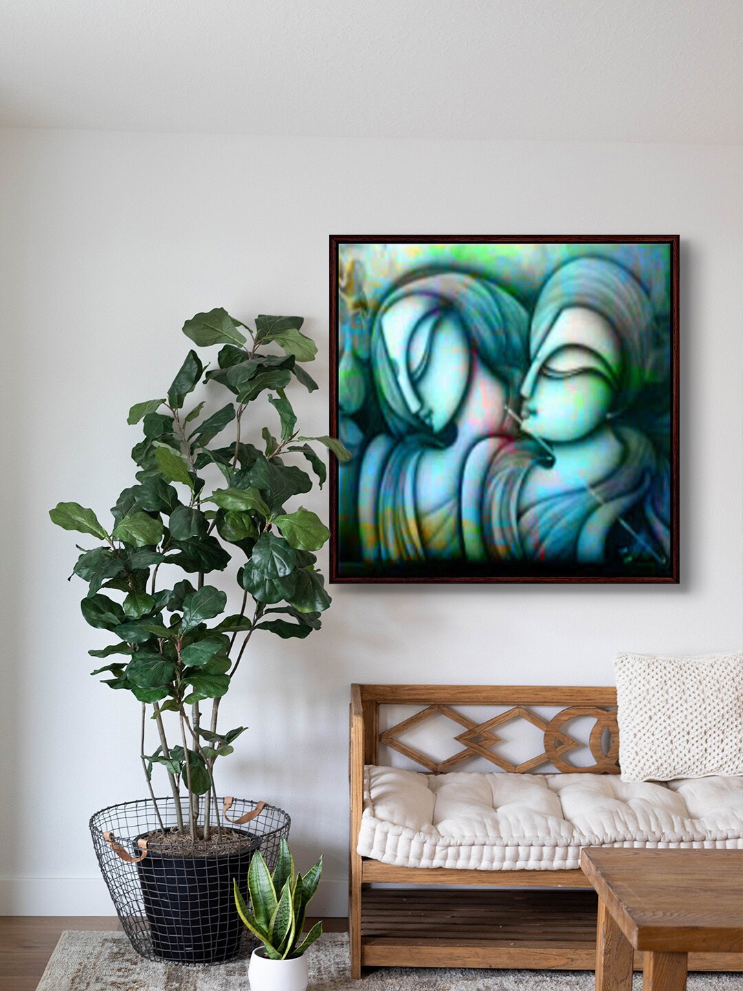 

999Store Blue & Green Lord Bal Krishna Playing Flute Art Canvas Painting